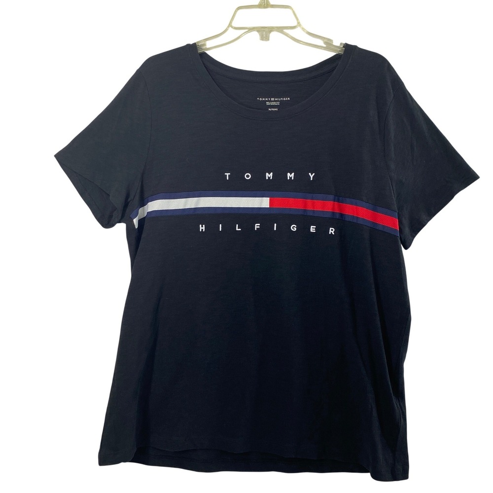 Tommy Hilfiger T-Shirt Womens XL Relaxed Fit Black Logo Stripe Cotton Tee Casual